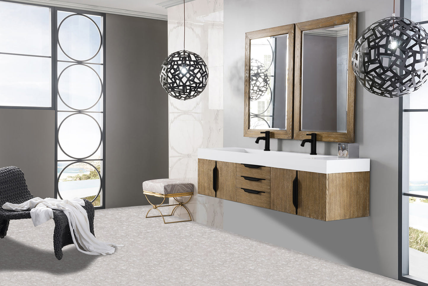 Columbia 72" Double Wall Mount Vanity, Latte Oak, Matte Black w/ Glossy White Composite Stone Top