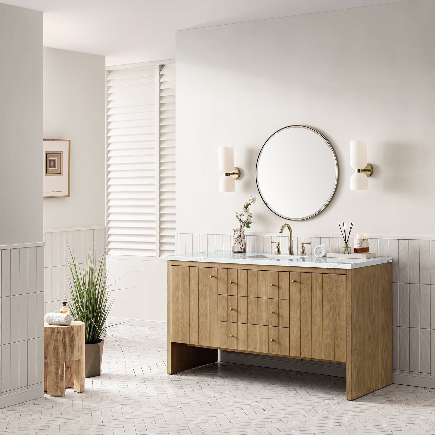 Hudson 60" Single Vanity, Light Natural Oak w/ 3 CM Ethereal Noctis Top w/ FreePower Wireless Charger