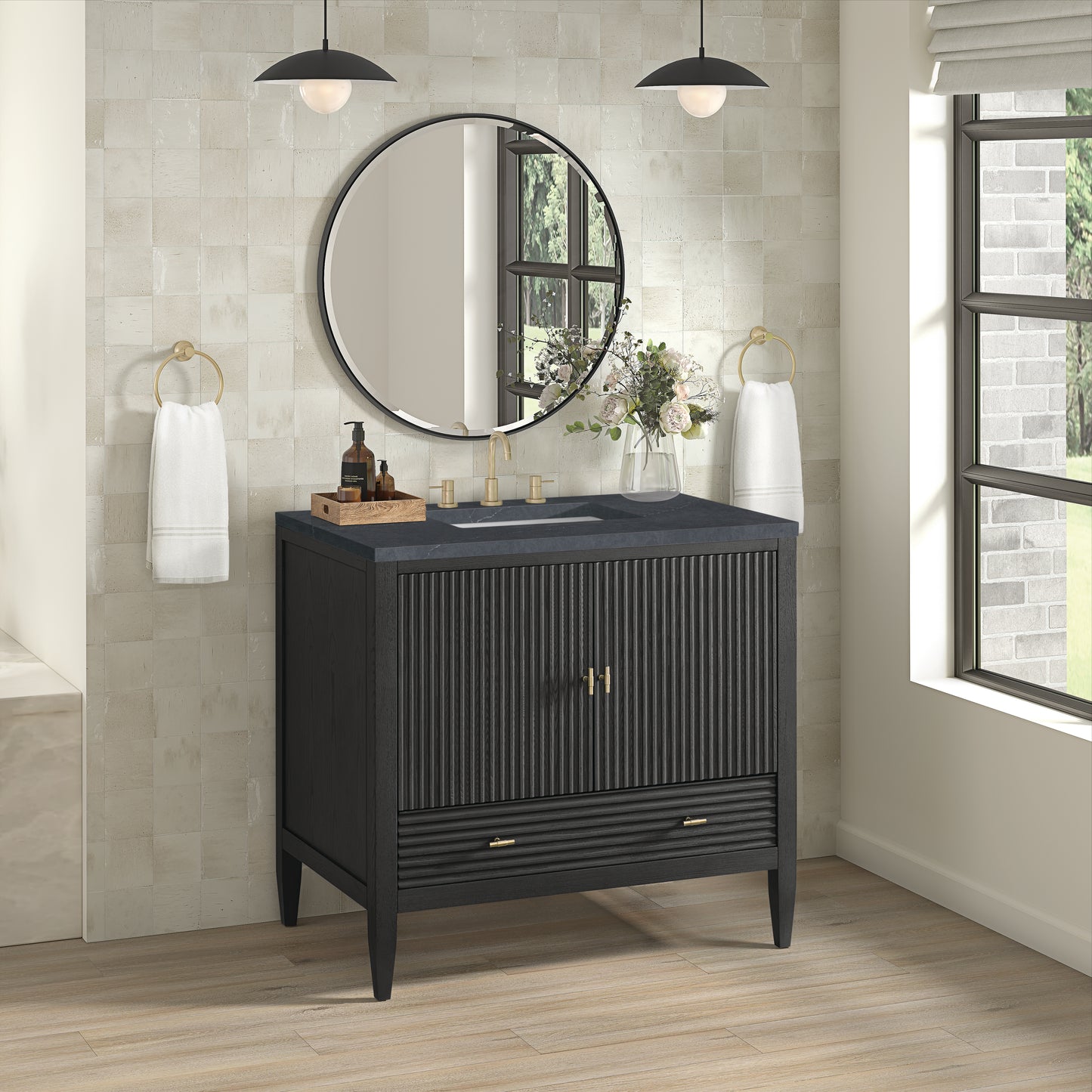 Myrrin 36" Vanity, Carbon Oak w/ 3 CM Charcoal Soapstone Silestone Top