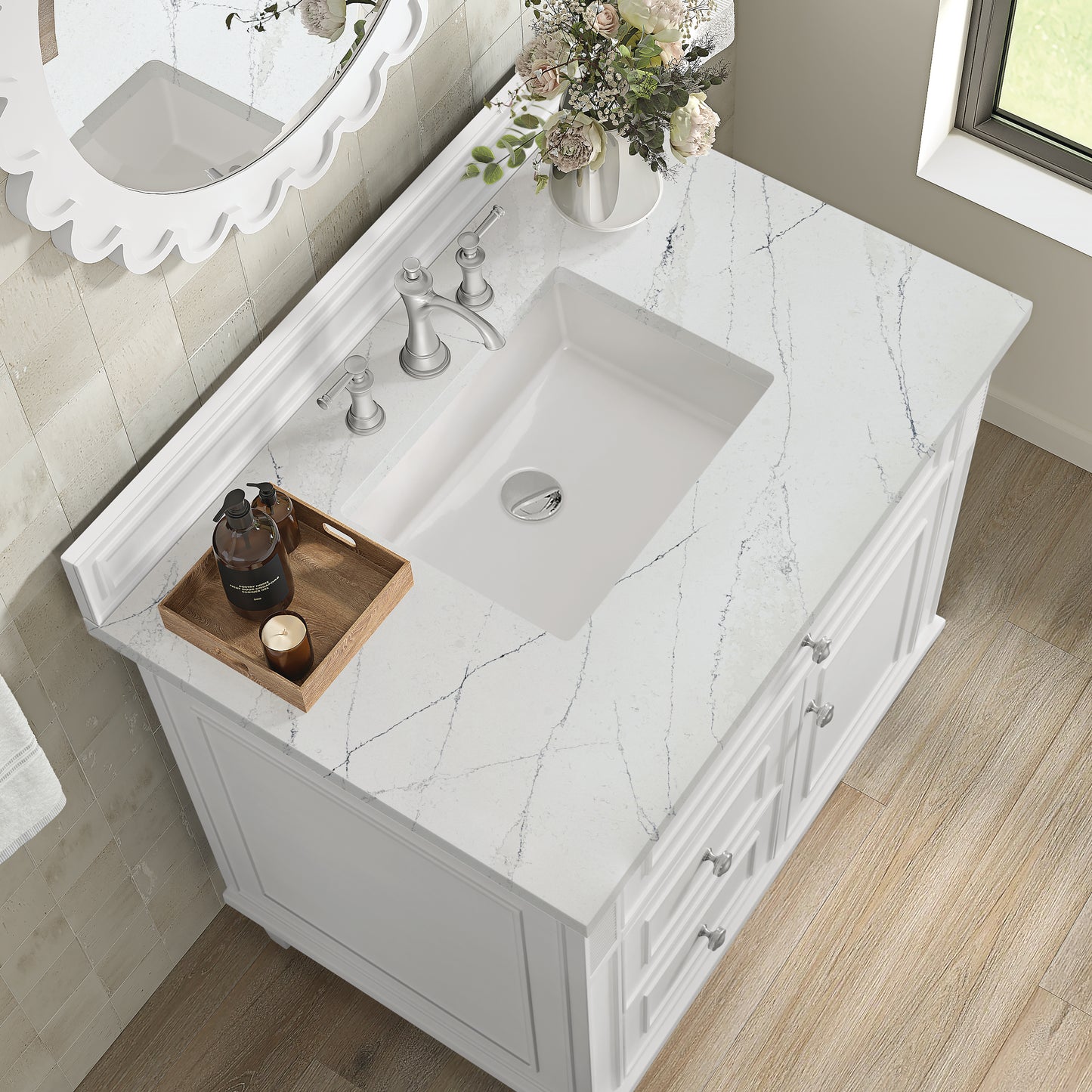 Lorelai 36" Single Vanity, Bright White w/ 3 CM Ethereal Noctis Silestone Top