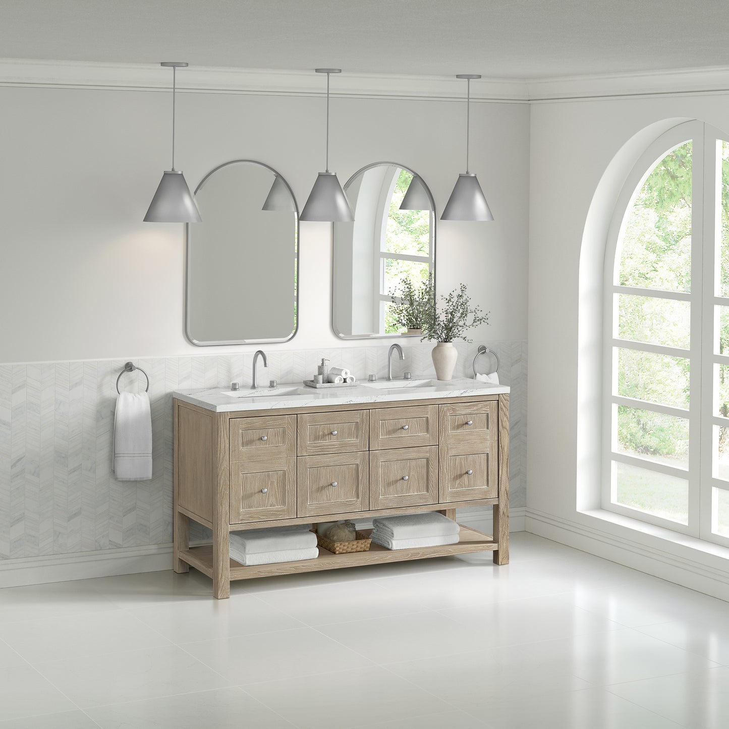 Breckenridge 60" Double Vanity, Whitewashed Oak, w/ 3 CM Ethereal Noctis Quartz Top
