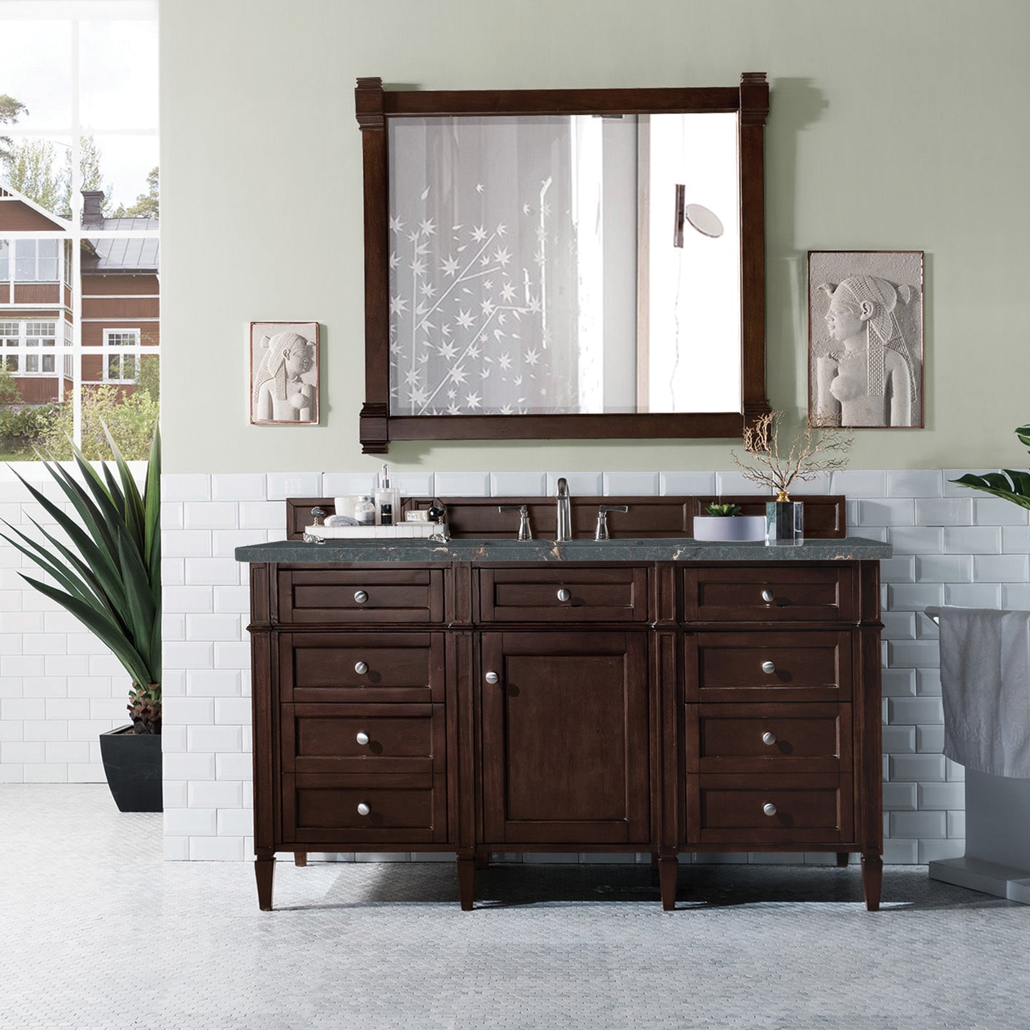 Brittany 60" Single Vanity, Burnished Mahogany w/ 3 CM Parisien Bleu Silestone Top