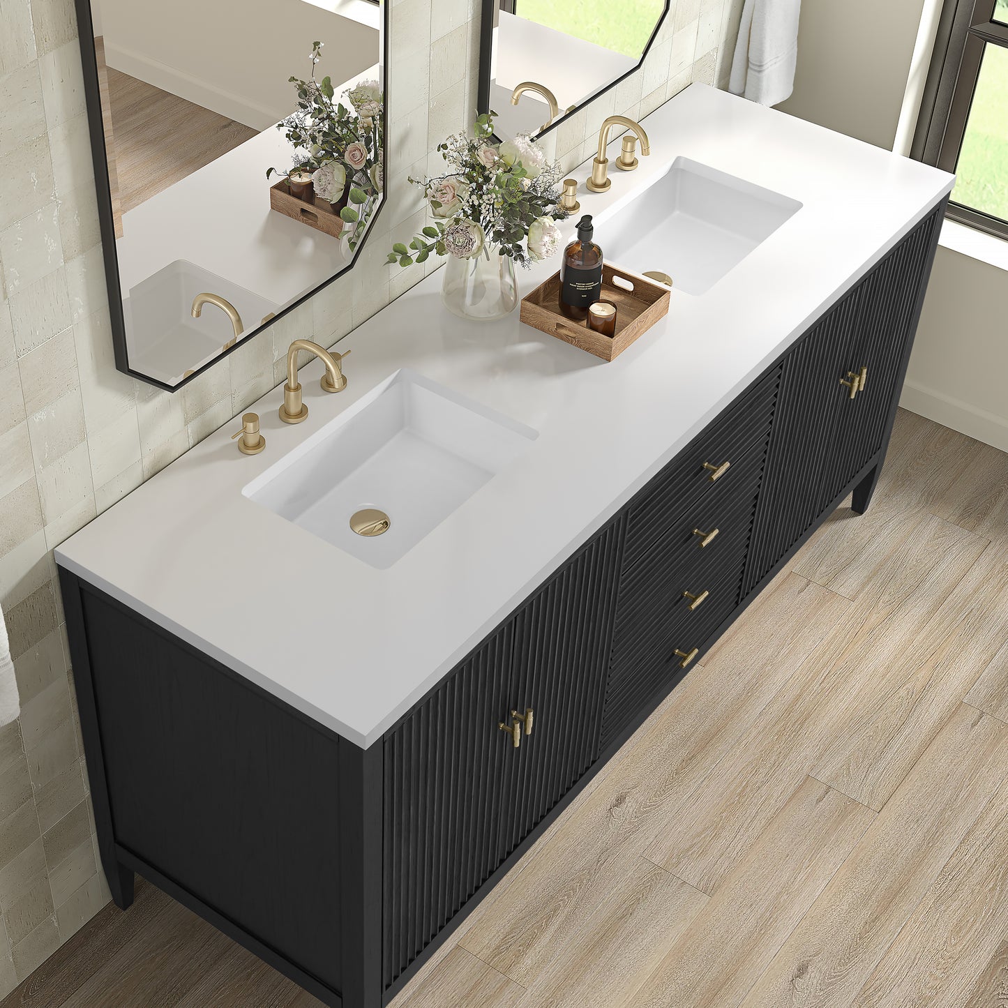 Myrrin 72" Double Vanity, Carbon Oak w/ 3 CM White Zeus Silestone Top