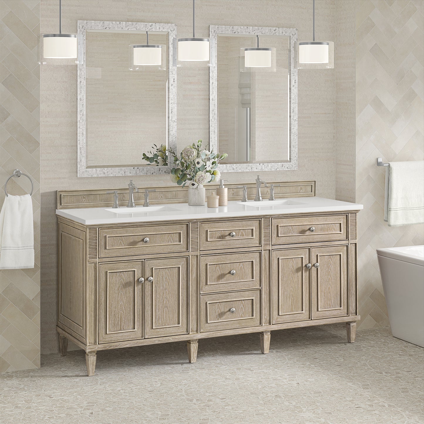 Lorelai 72" Double Vanity, Whitewashed Oak w/ 3 CM White Zeus Silestone Top