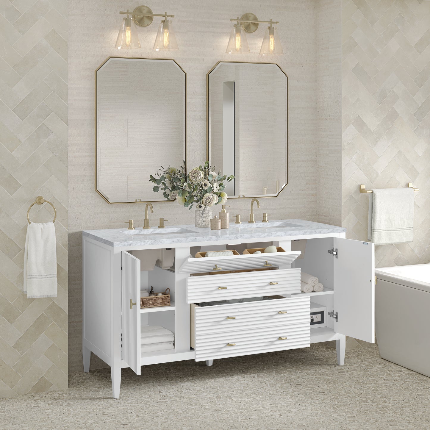 Myrrin 60" Double Vanity, Bright White w/ 3 CM Carrara White Marble Top