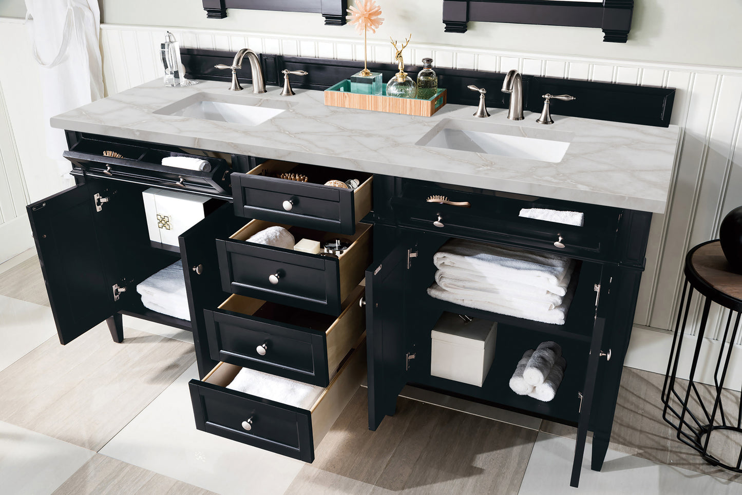 Brittany 72" Double Vanity, Black Onyx w/ 3 CM Victorian Silver Silestone Top