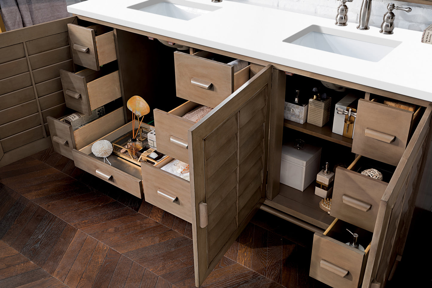 Portland 72" Double Vanity Whitewashed Walnut w/ 3 CM White Zeus Silestone Top