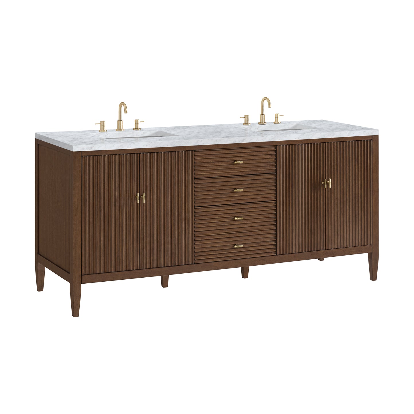 Myrrin 72" Double Vanity, Mid Century Walnut w/ 3 CM Carrara White Marble Top