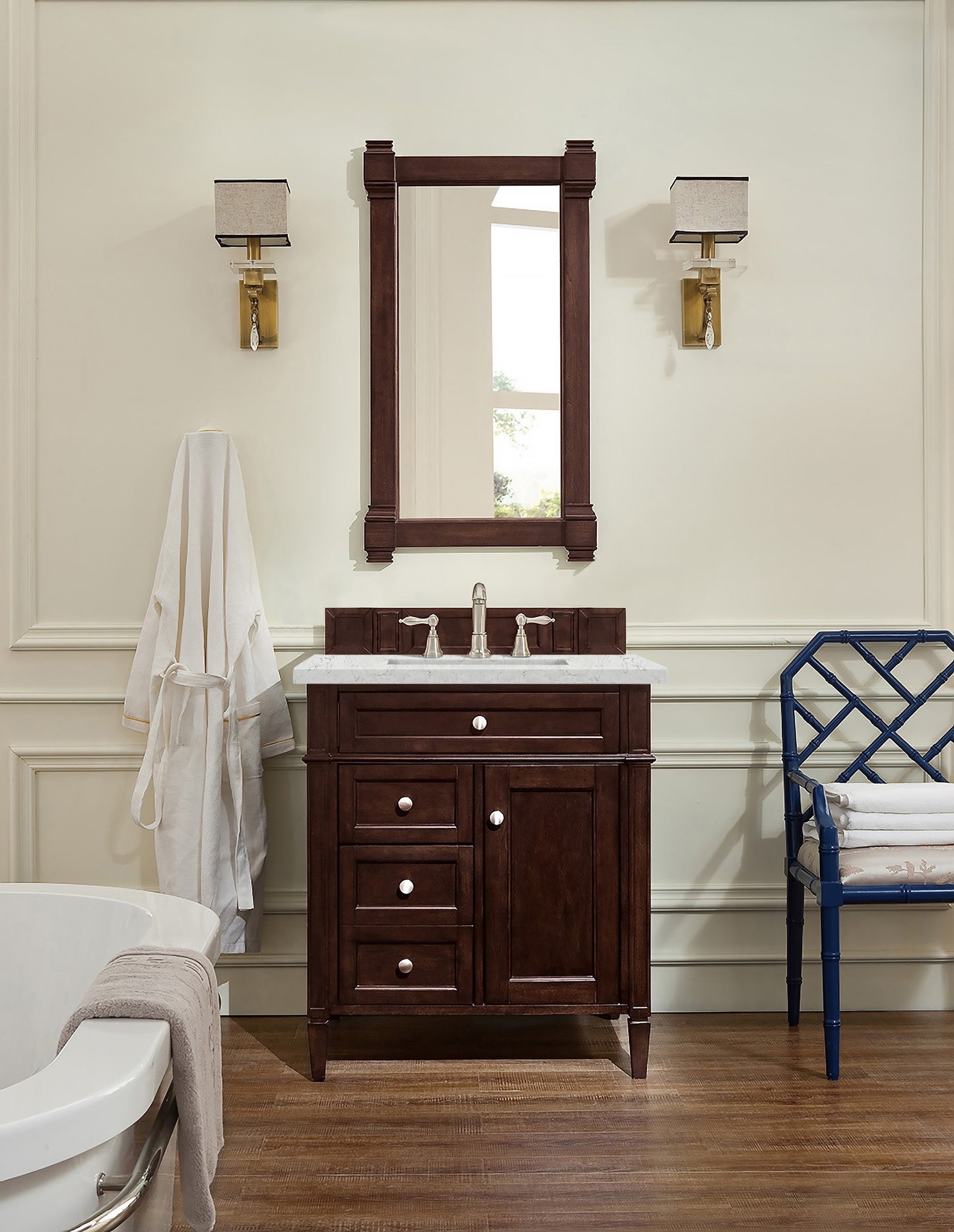 Brittany 30" Single Vanity, Burnished Mahogany, w/ 3 CM Eternal Jasmine Pearl Silestone Top