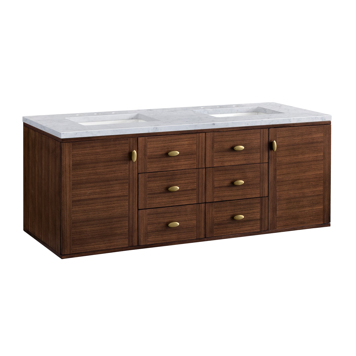 Amberly 60" Double Vanity, Mid-Century Walnut w/ 3 CM Carrara Marble Top