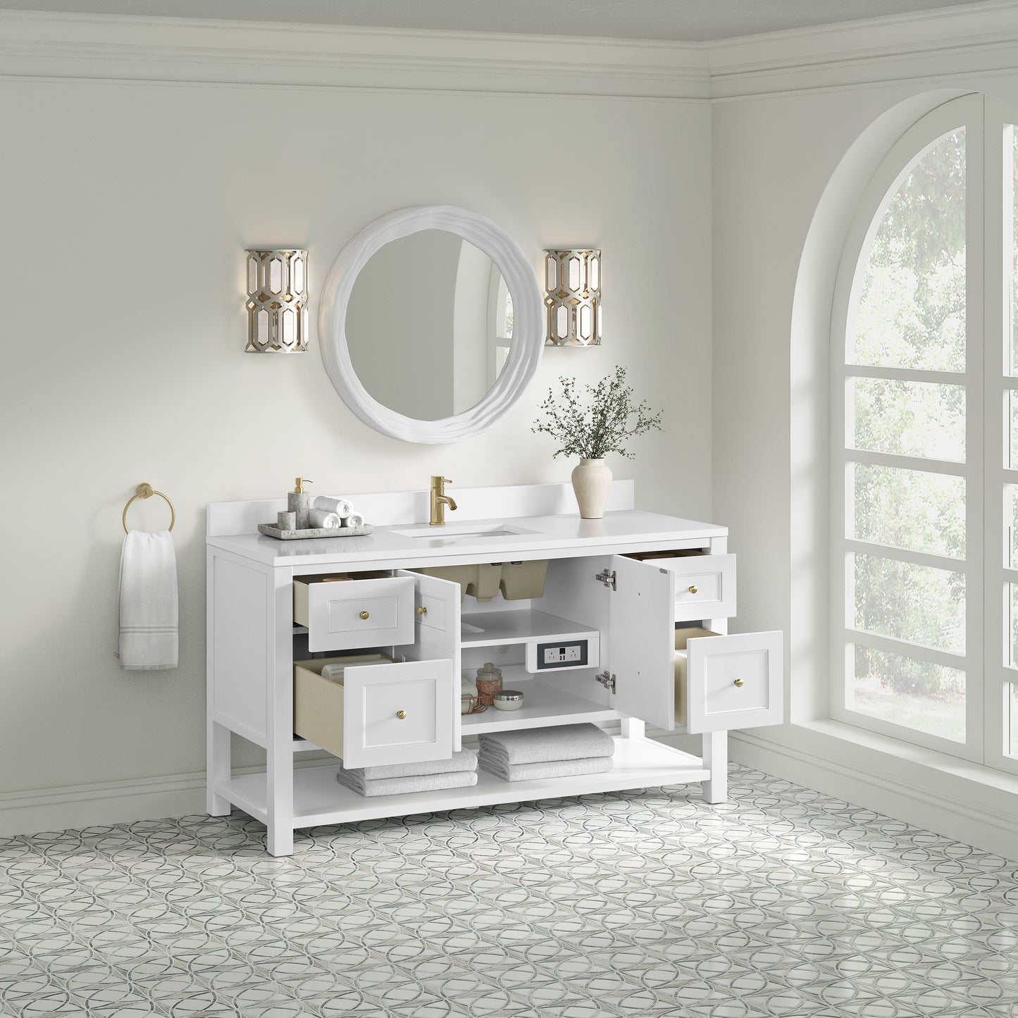 Breckenridge 60" Single Vanity, Bright White, w/ Single Hole 3 CM White Zeus Quartz Top & Backsplash