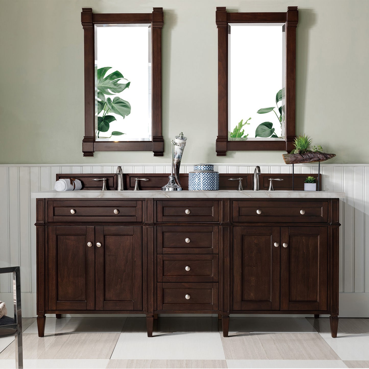 Brittany 72" Double Vanity, Burnished Mahogany w/ 3 CM Victorian Silver Silestone Top