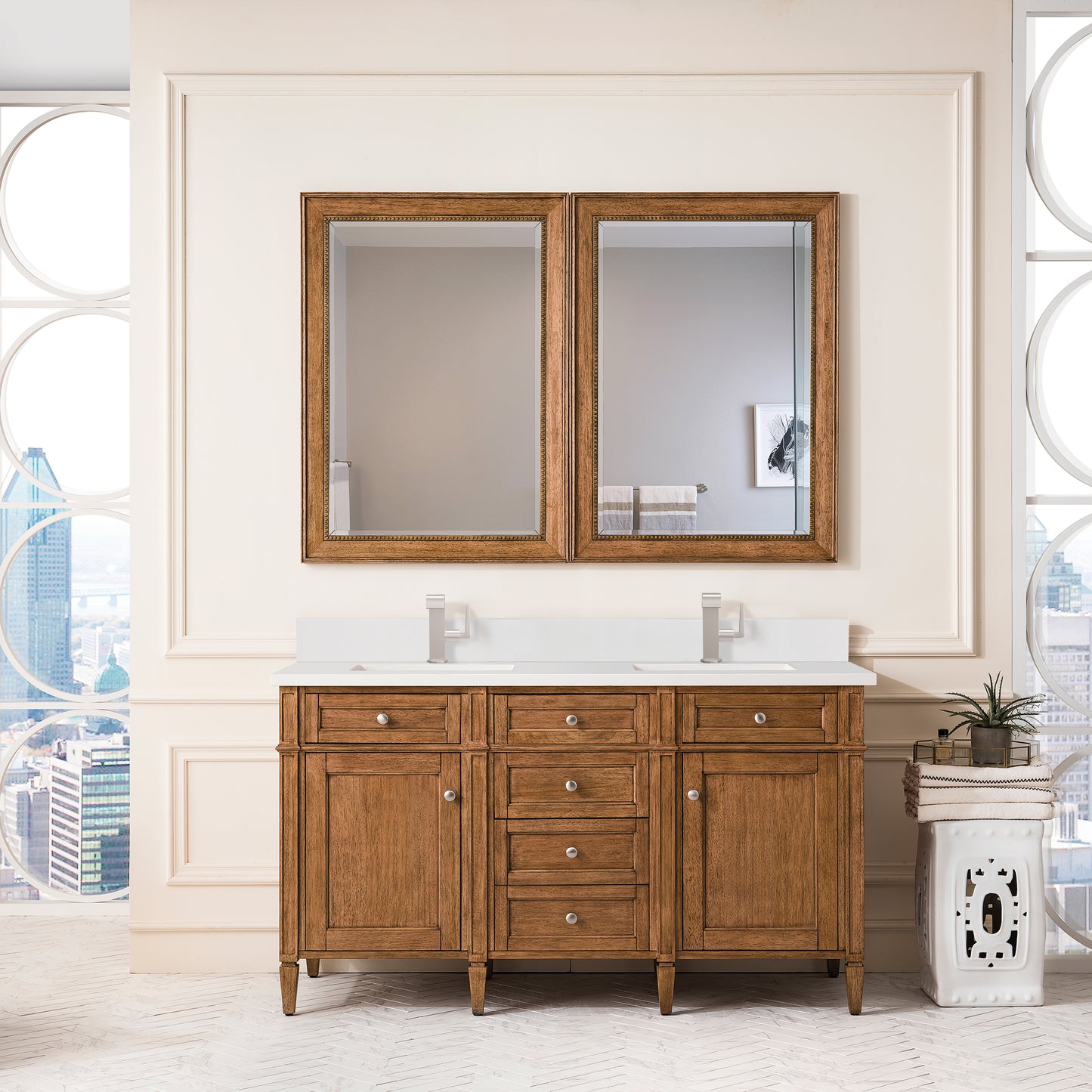 Brittany 60" Double Vanity, Saddle Brown w/ Single Hole 3 CM White Zeus Silestone Top & Backsplash