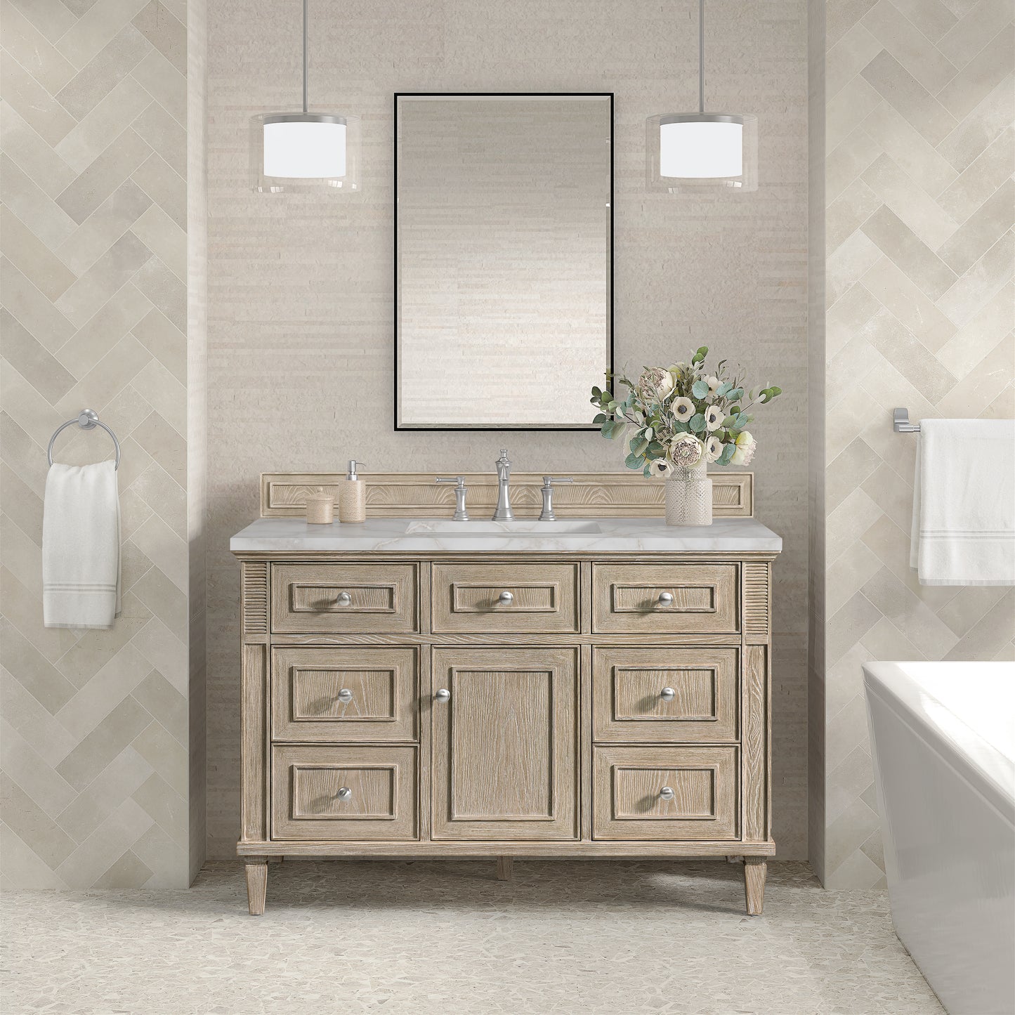 Lorelai 48" Single Vanity, Whitewashed Oak w/ 3 CM Victorian Silver Silestone Top