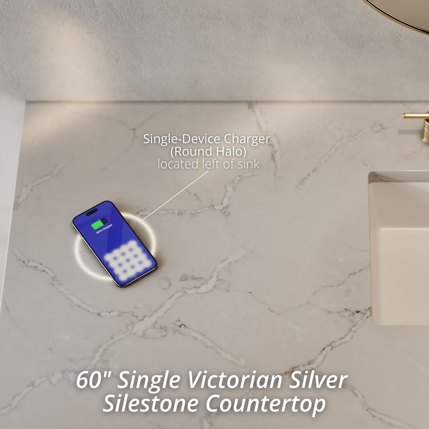 Breckenridge 60" Single Vanity, Bright White, w/ 3 CM Victorian Silver Silestone Top w/ FreePower Wireless Charger