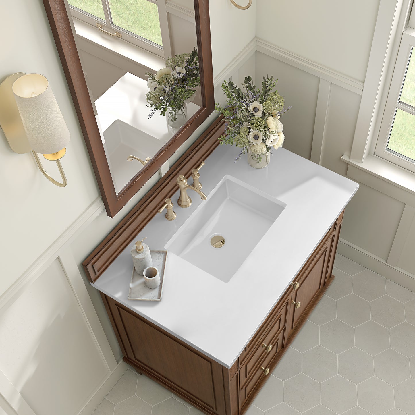 Lorelai 36" Single Vanity, Mid-Century Walnut w/ 3 CM White Zeus Silestone Top