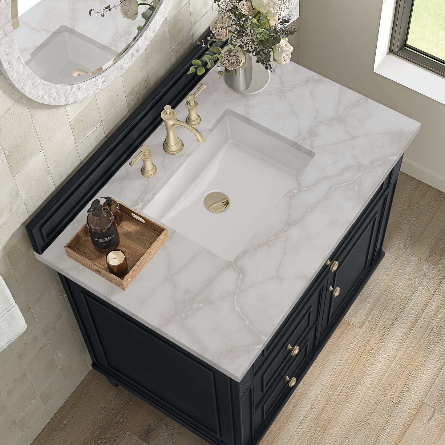 Lorelai 36" Single Vanity, Black Onyx w/ 3 CM Victorian Silver Silestone Top