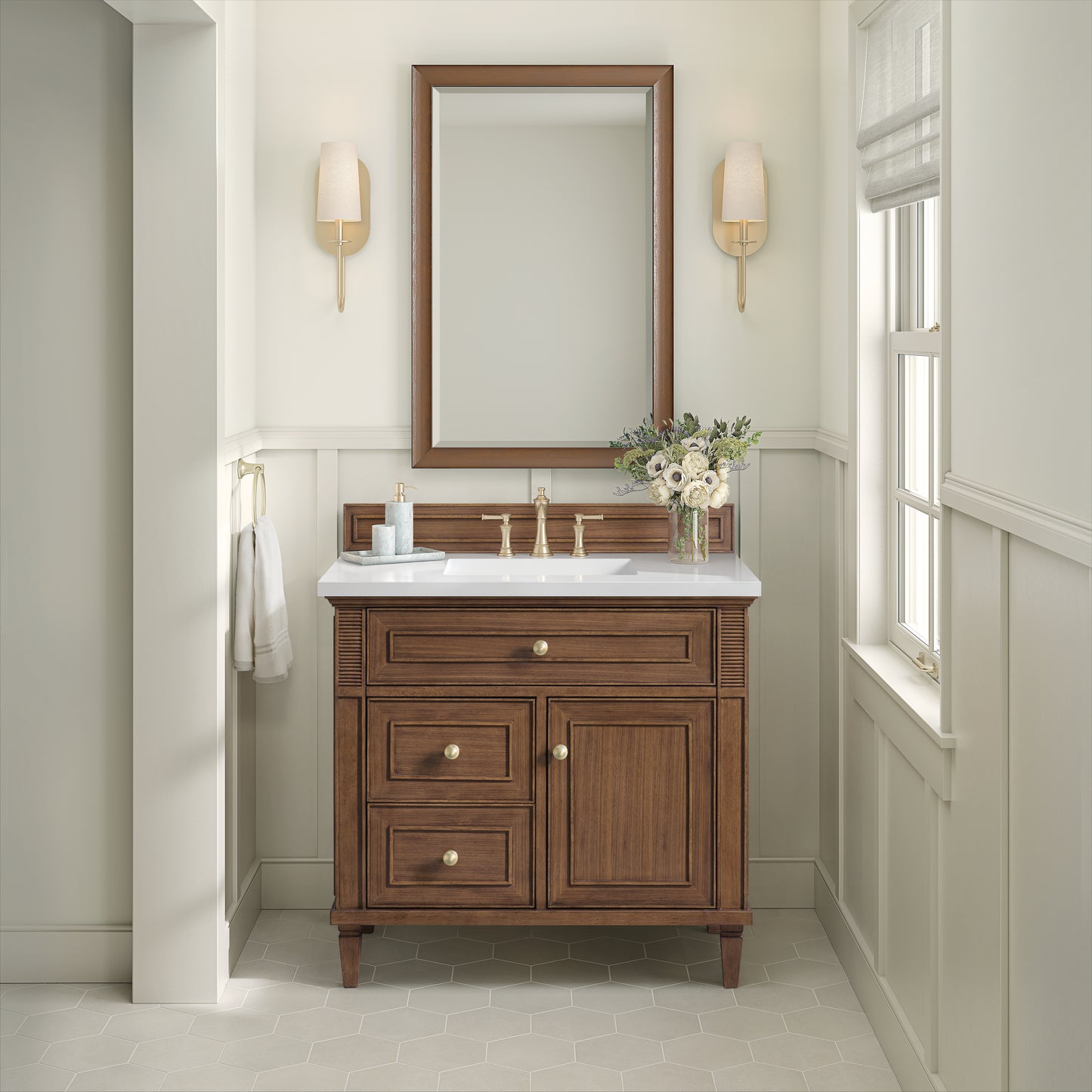 Lorelai 36" Single Vanity, Mid-Century Walnut w/ 3 CM White Zeus Silestone Top
