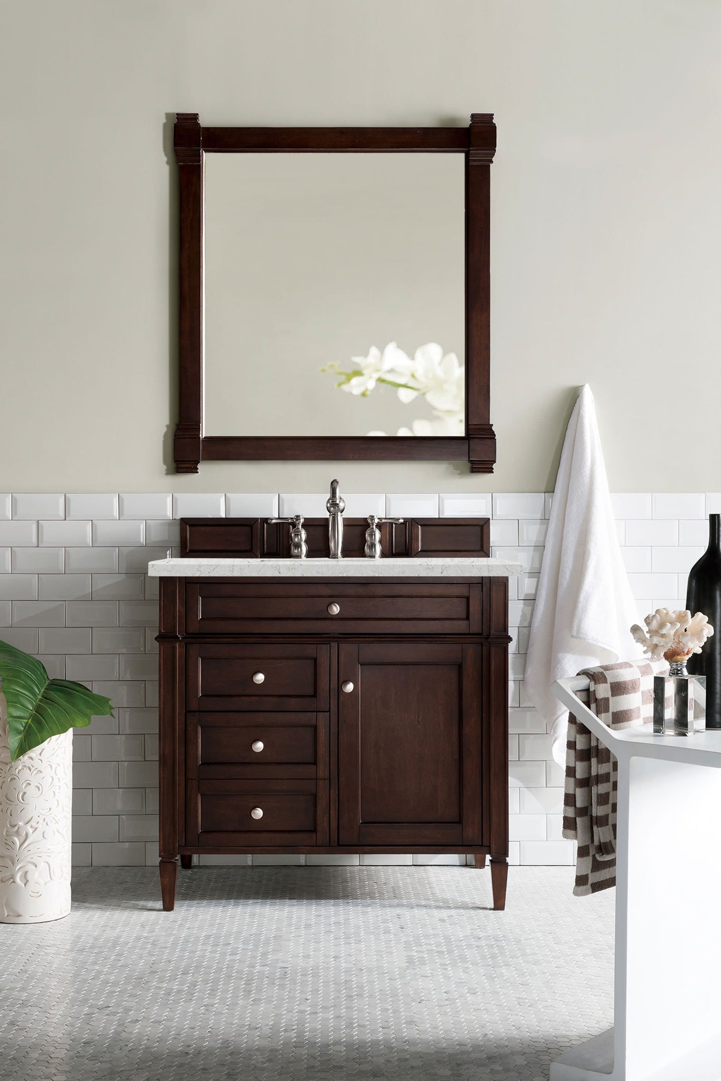 Brittany 36" Single Vanity, Burnished Mahogany w/ 3 CM Eternal Jasmine Pearl Silestone Top