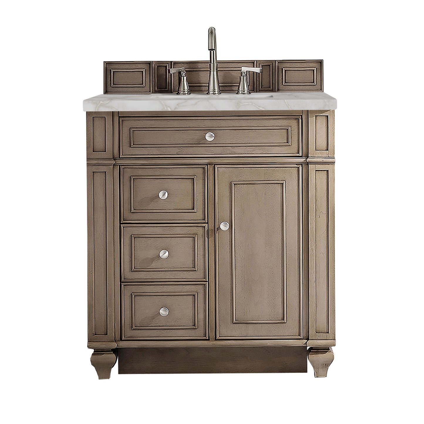 Bristol 30" Single Vanity, Whitewashed Walnut w/ 3 CM Victorian Silver Silestone Top