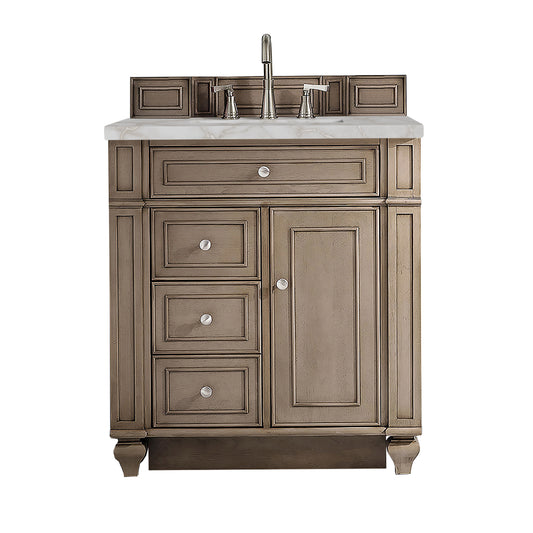 Bristol 30" Single Vanity, Whitewashed Walnut w/ 3 CM Victorian Silver Silestone Top