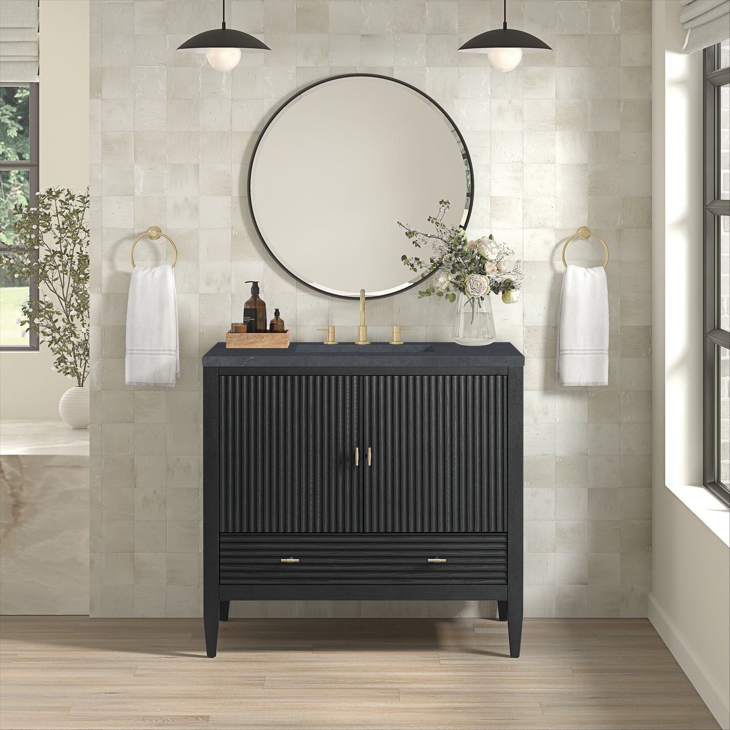 Myrrin 36" Vanity, Carbon Oak w/ 3 CM Charcoal Soapstone Silestone Top