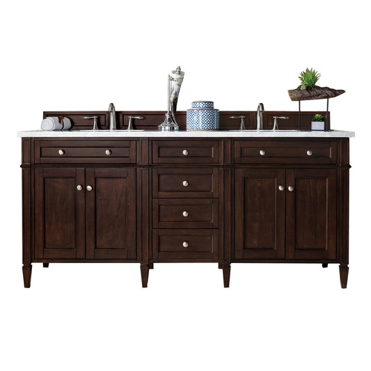 Brittany 72" Double Vanity, Burnished Mahogany w/ 3 CM Eternal Jasmine Pearl Silestone Top