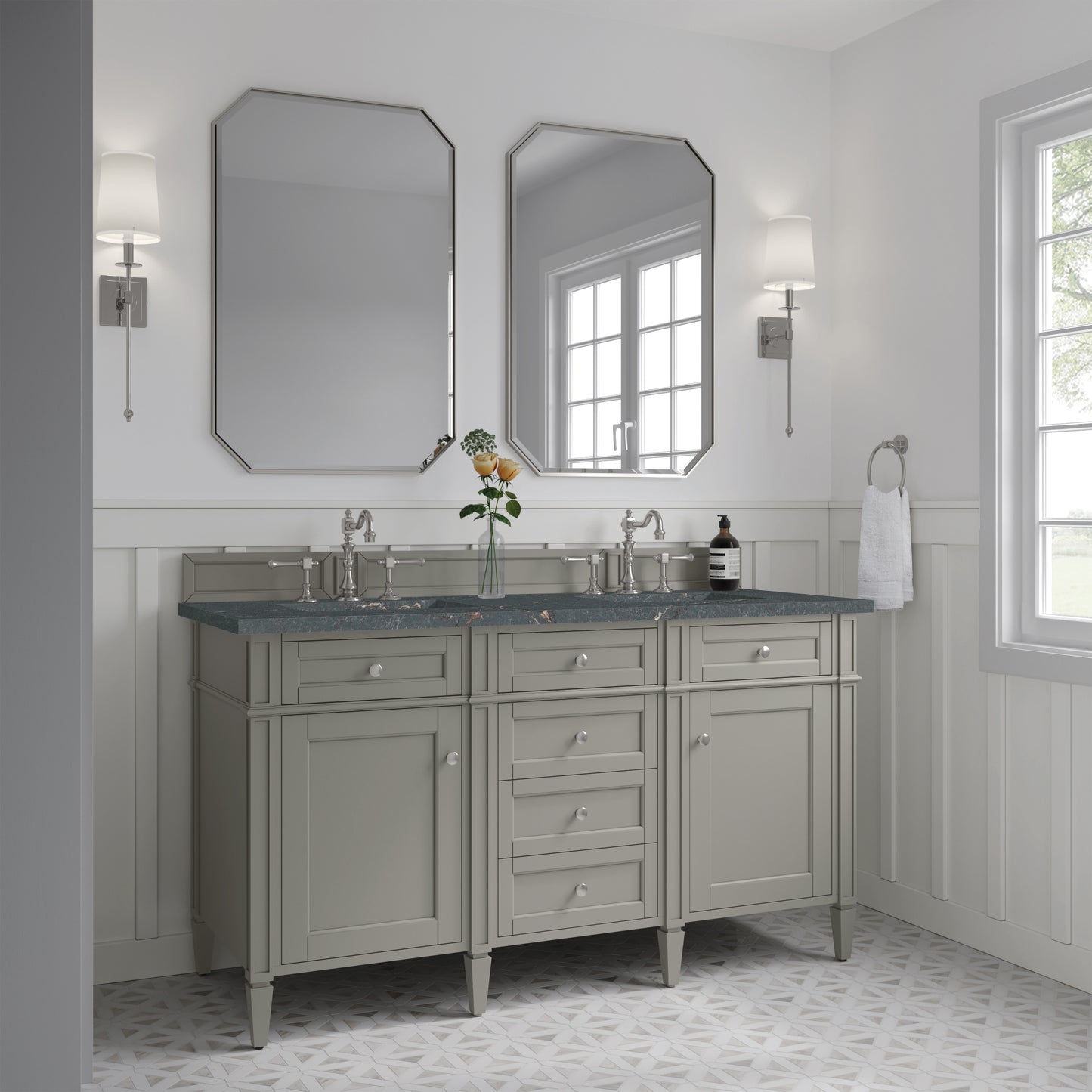 Brittany 60" Double Vanity, Urban Gray w/ 3 CM Parisien Bleu Silestone Top