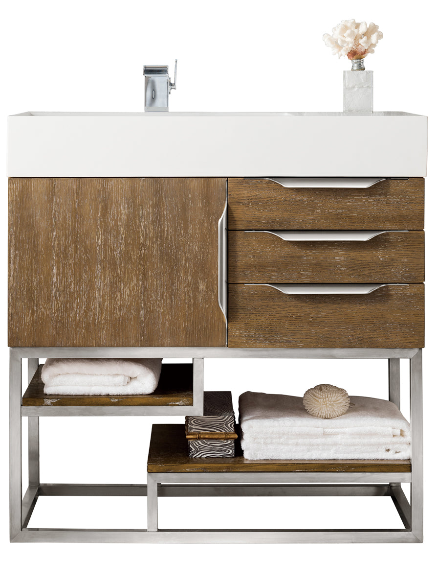 Columbia 36" Single Vanity, Latte Oak, Brushed Nickel w/ Glossy White Composite Stone Top