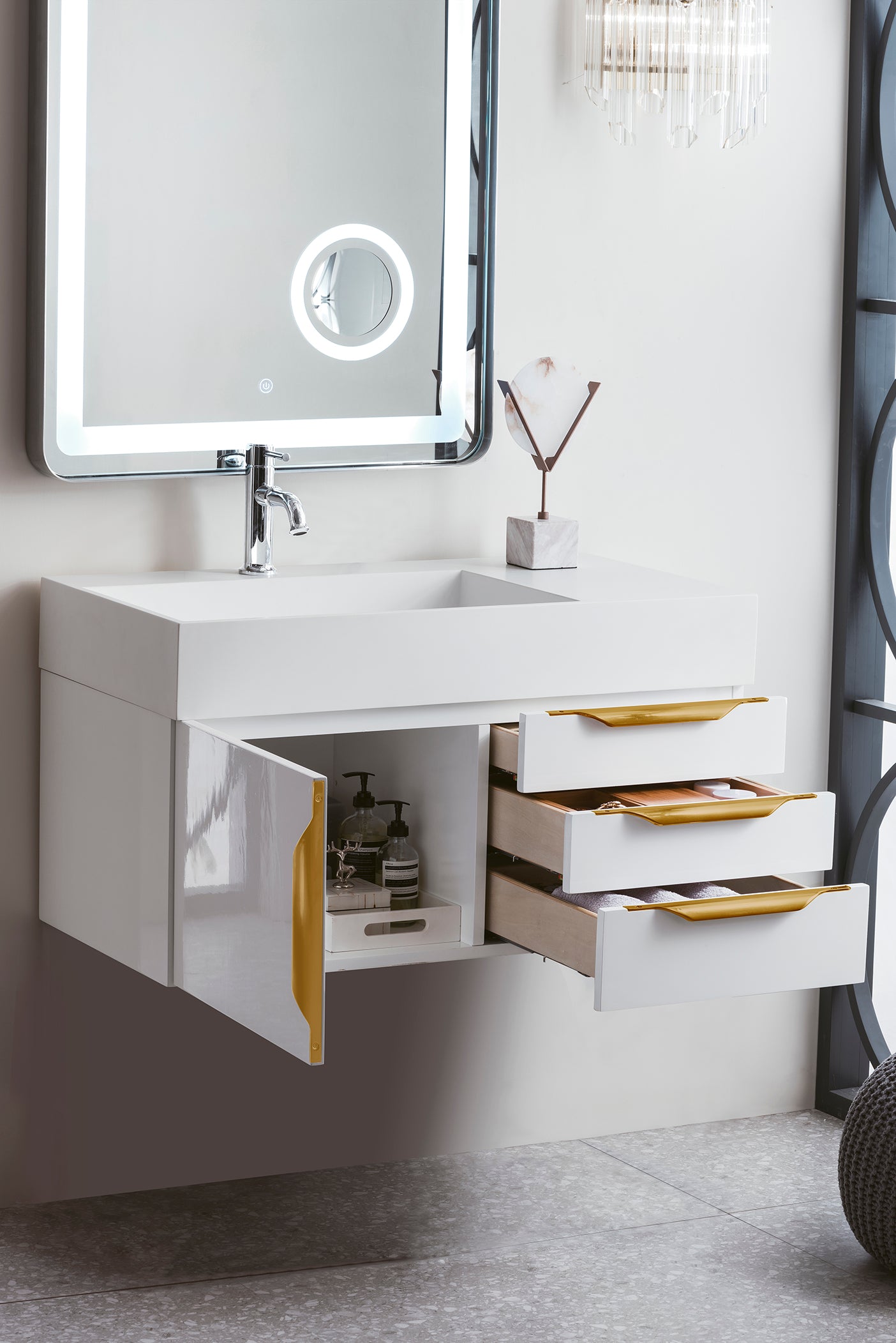 Columbia 36" Single Wall Mount Vanity, Glossy White, Radiant Gold w/ Glossy White Composite Stone Top