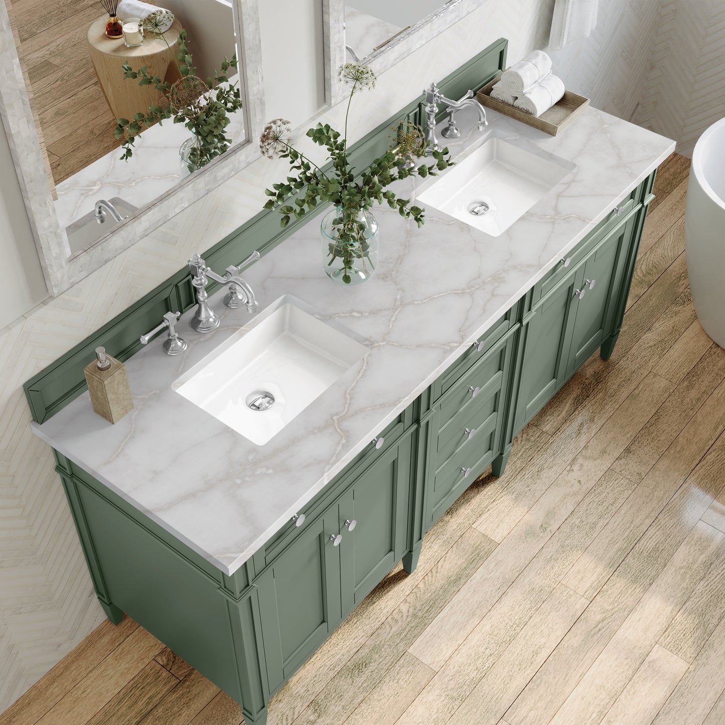 Brittany 72" Double Vanity, Smokey Celadon w/ 3 CM Victorian Silver Top