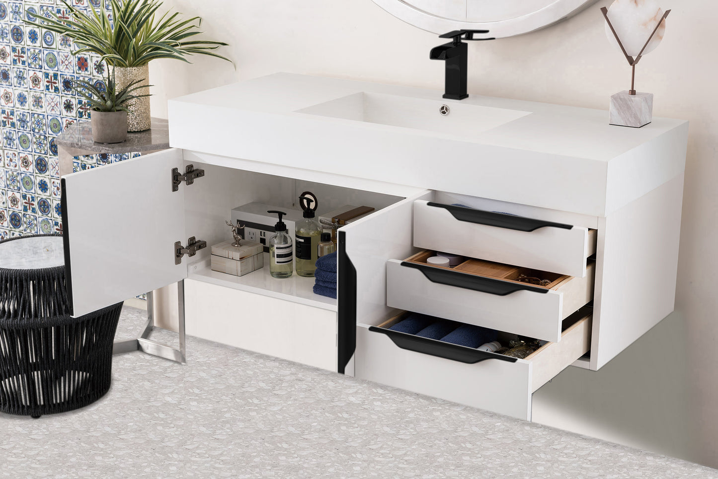 Columbia 48" Single Wall Mount Vanity, Glossy White, Matte Black w/ Glossy White Composite Stone Top