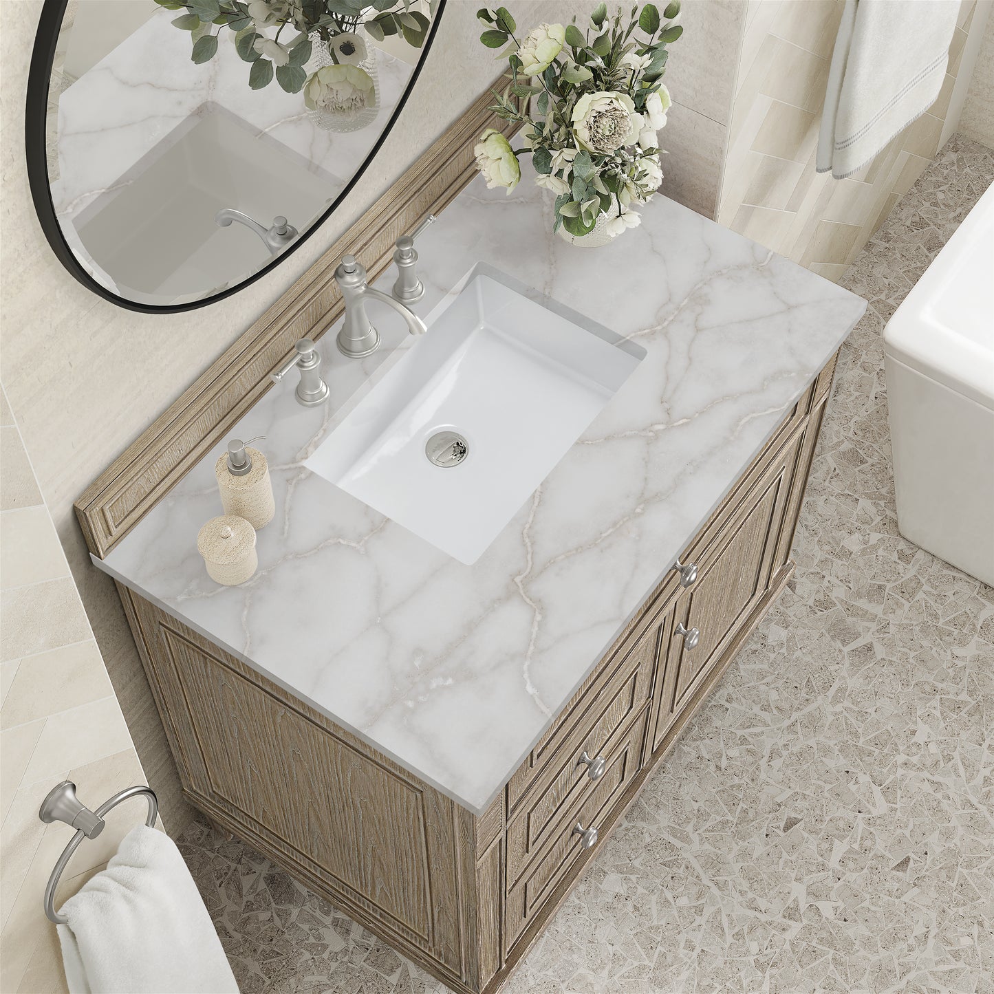 Lorelai 36" Single Vanity, Whitewashed Oak w/ 3 CM Victorian Silver Silestone Top