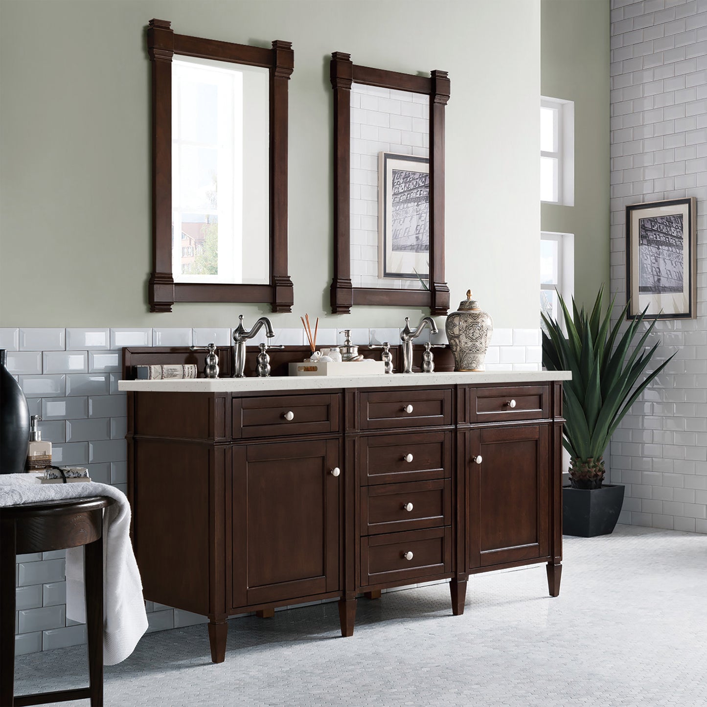 Brittany 60" Double Vanity, Burnished Mahogany w/ 3 CM Lime Delight Silestone Top
