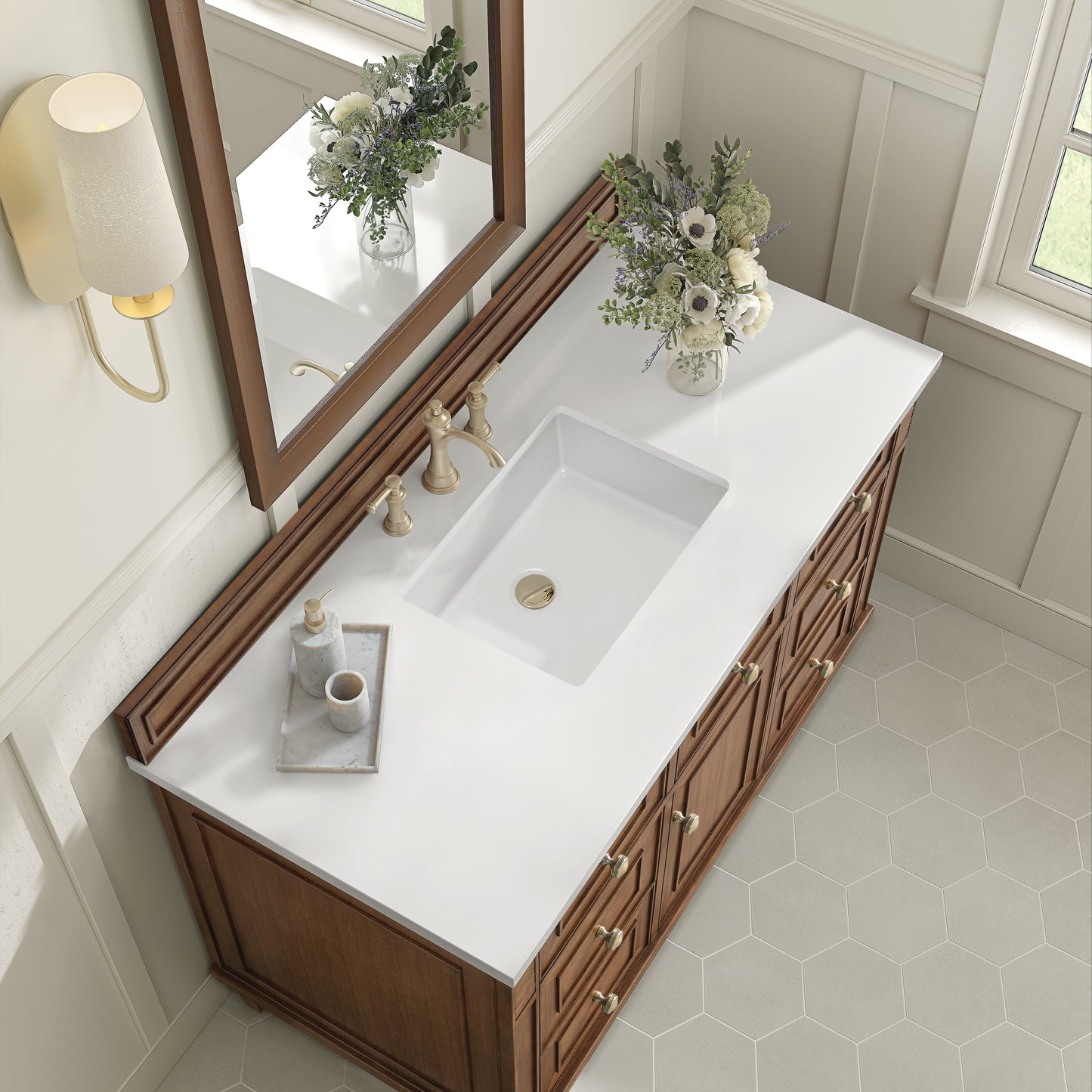 Lorelai 48" Single Vanity, Mid-Century Walnut w/ 3 CM White Zeus Silestone Top