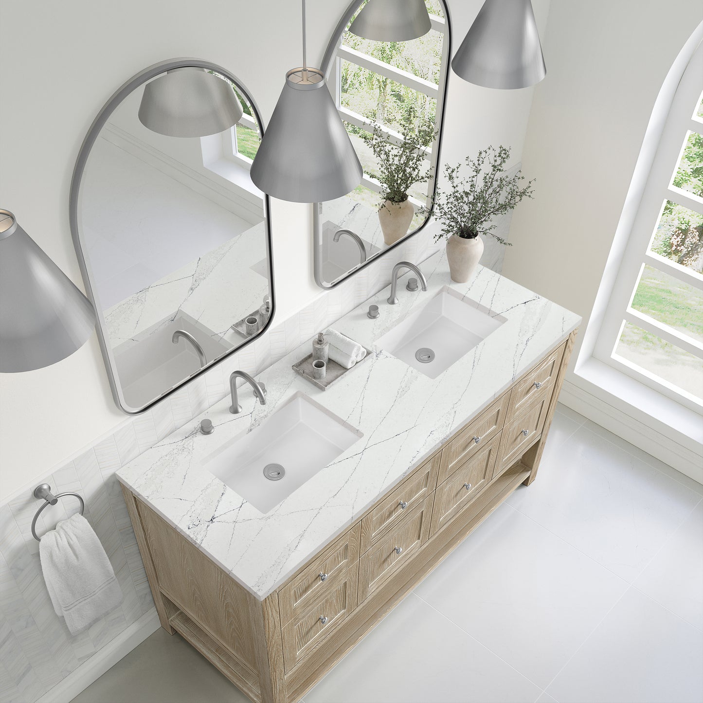 Breckenridge 60" Double Vanity, Whitewashed Oak, w/ 3 CM Ethereal Noctis Quartz Top