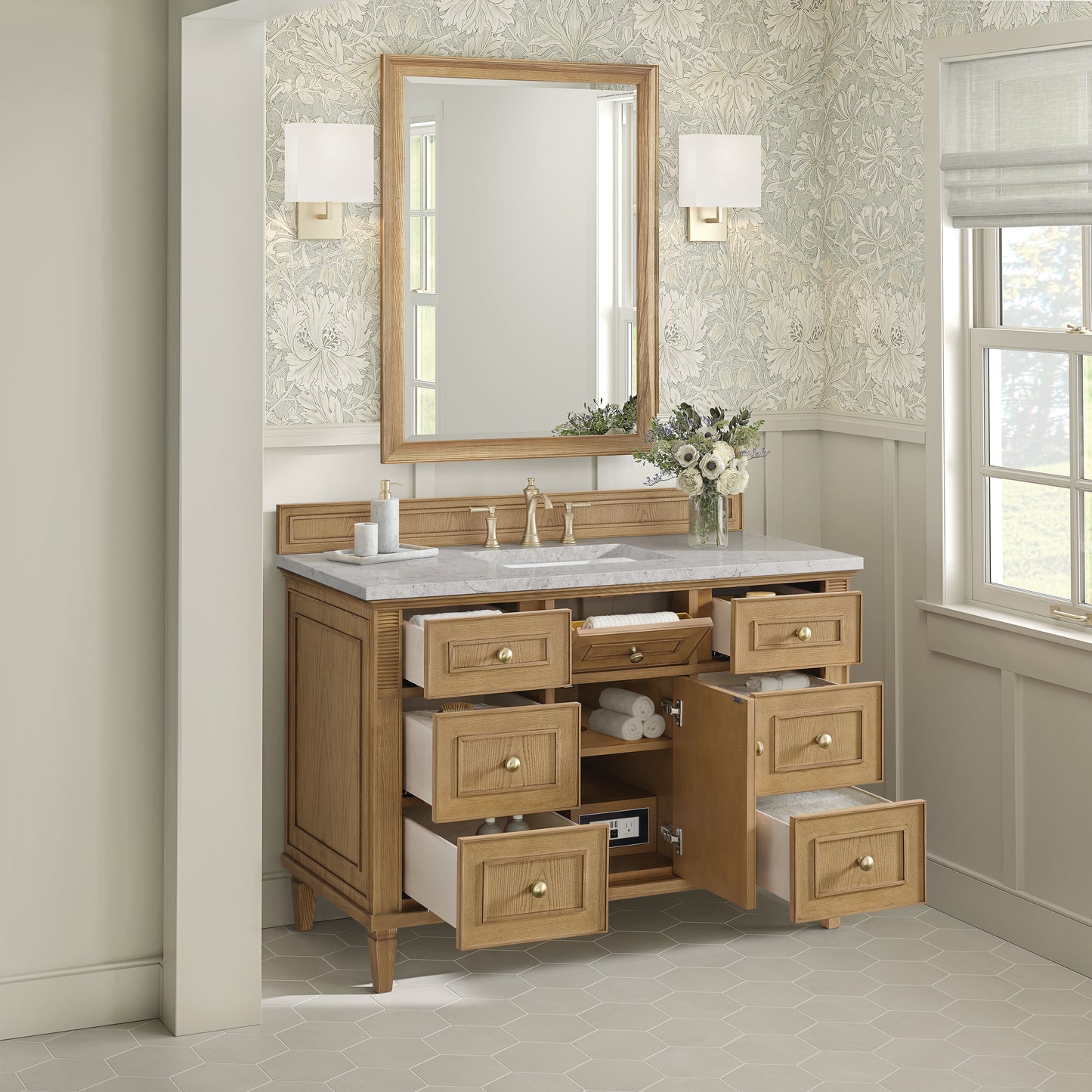 Lorelai 48" Single Vanity, Light Natural Oak w/ 3 CM Eternal Jasmine Pearl Silestone Top