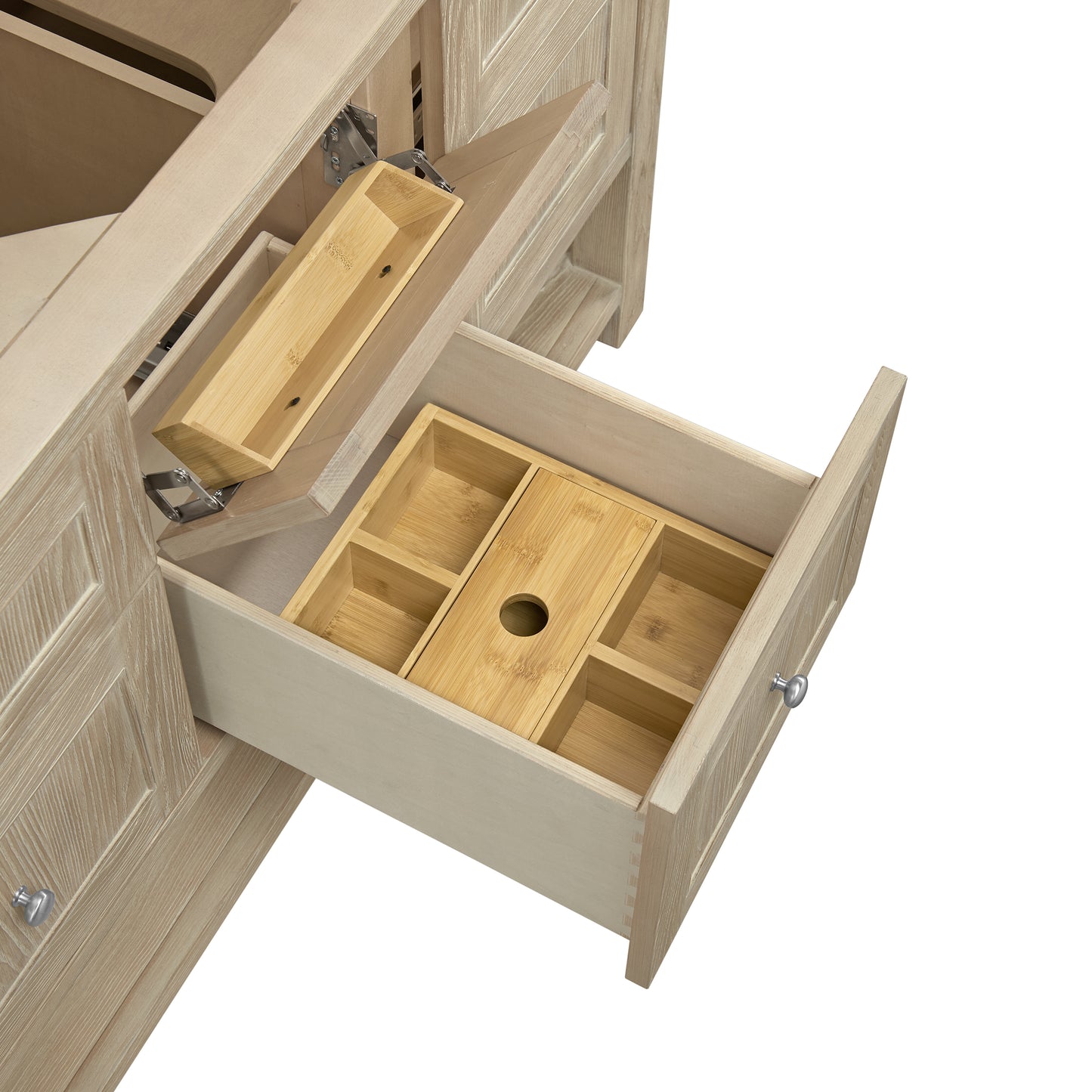 Breckenridge 60" Double Vanity, Whitewashed Oak, w/ Single Hole 3 CM White Zeus Quartz Top & Backsplash