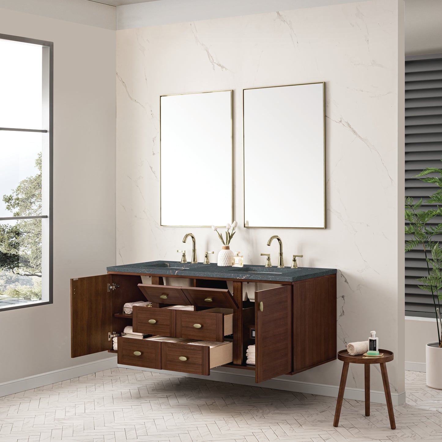 Amberly 60" Double Vanity, Mid-Century Walnut w/ 3 CM Parisien Bleu Top