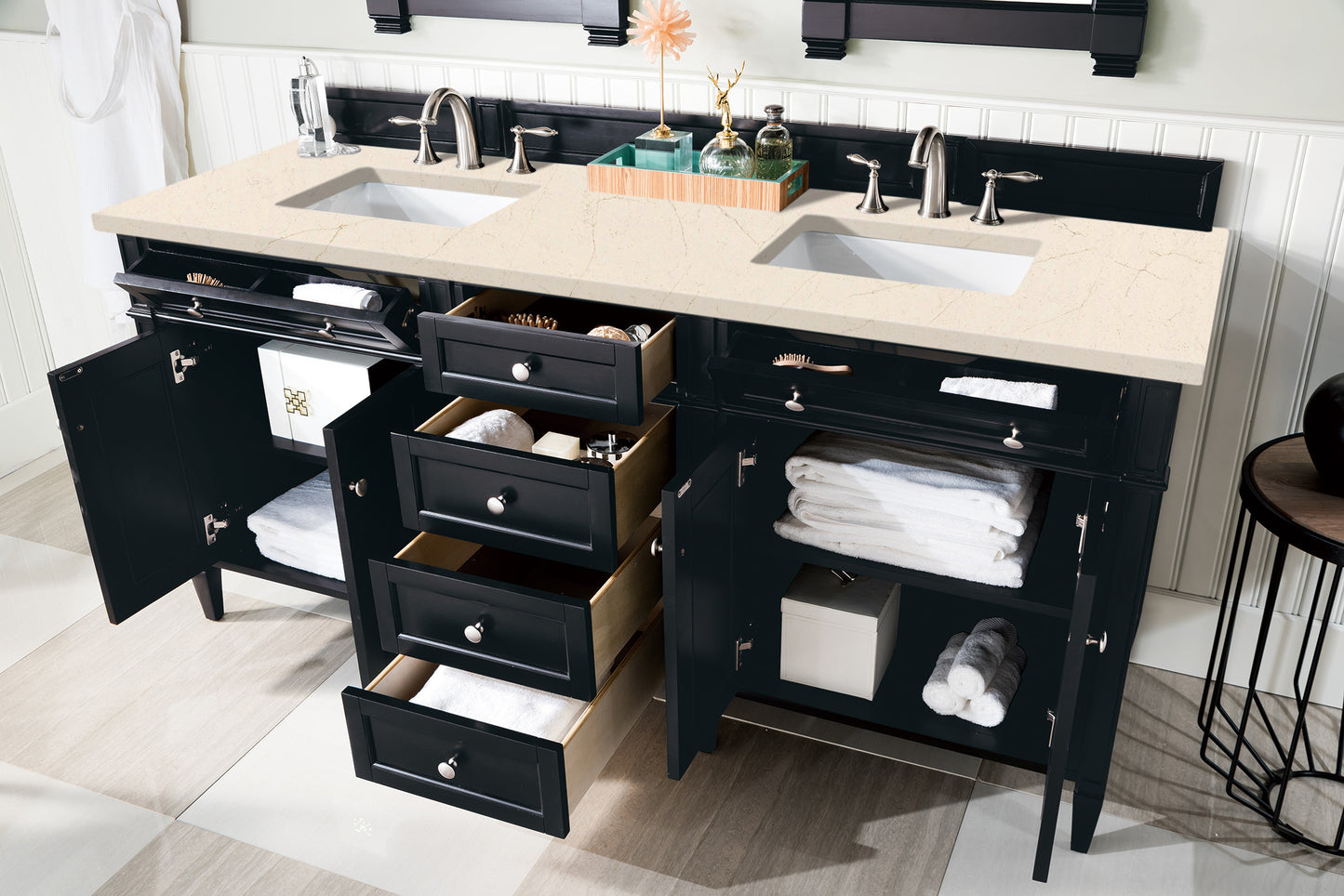 Brittany 72" Double Vanity, Black Onyx w/ 3 CM Eternal Marfil Silestone Top