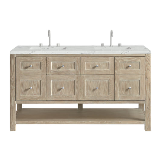Breckenridge 60" Double Vanity, Whitewashed Oak, w/ 3 CM Ethereal Noctis Quartz Top