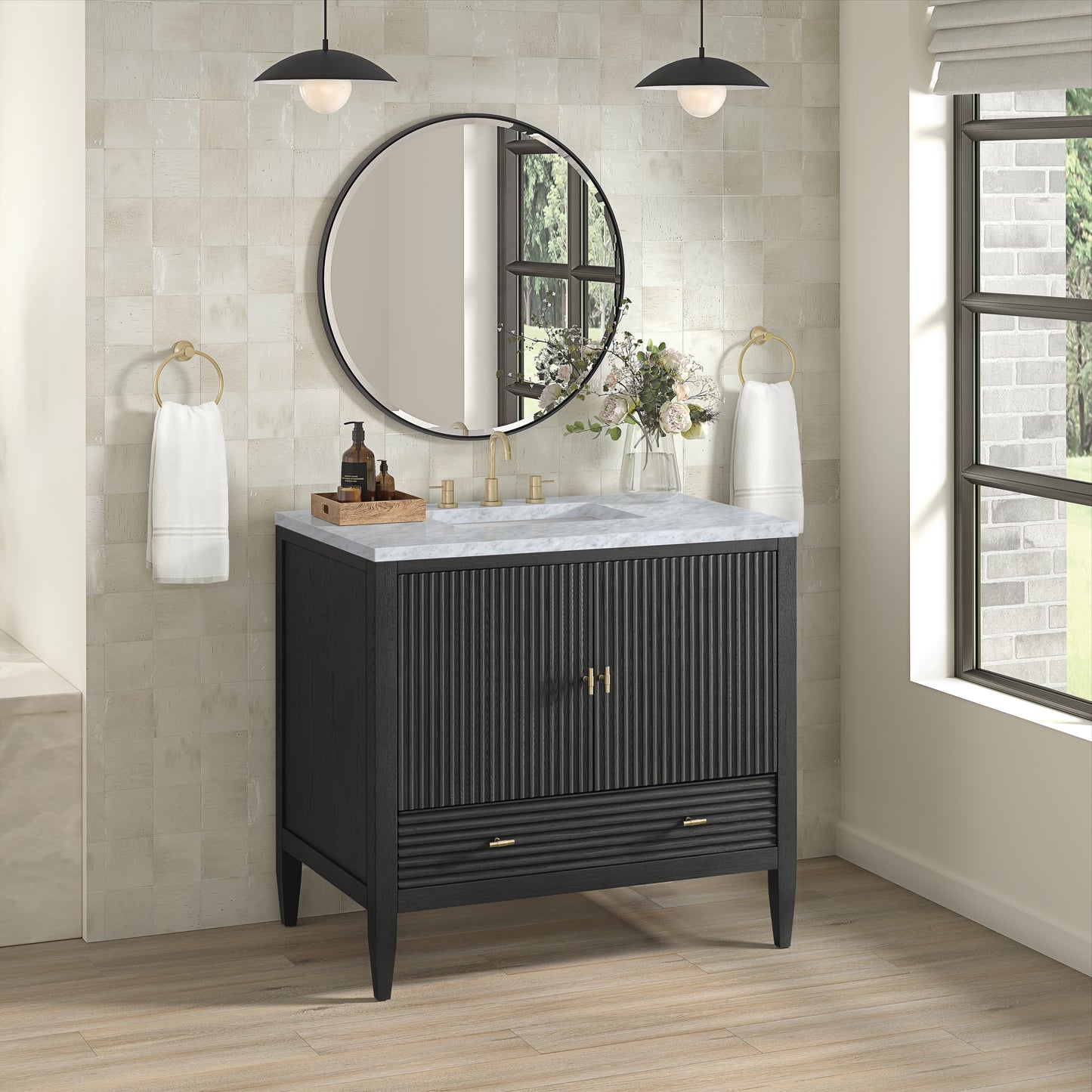 Myrrin 36" Vanity, Carbon Oak w/ 3 CM Carrara White Marble Top