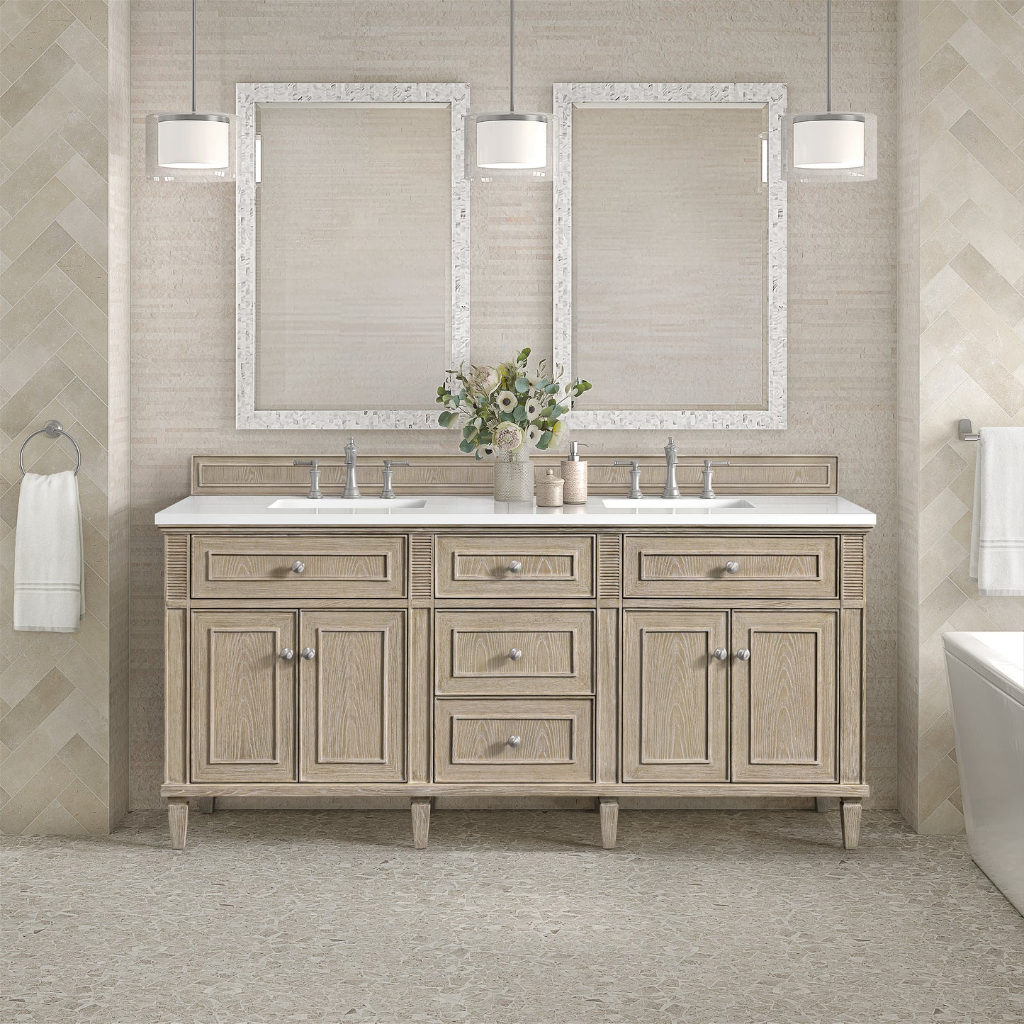 Lorelai 72" Double Vanity, Whitewashed Oak w/ 3 CM White Zeus Silestone Top