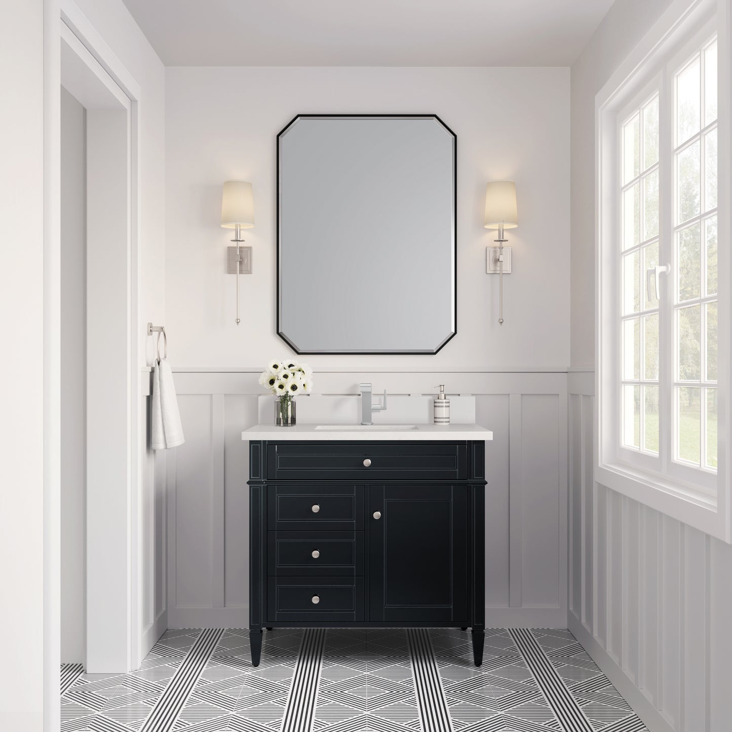 Brittany 36" Single Vanity, Black Onyx w/ Single Hole 3 CM White Zeus Silestone Top & Backsplash