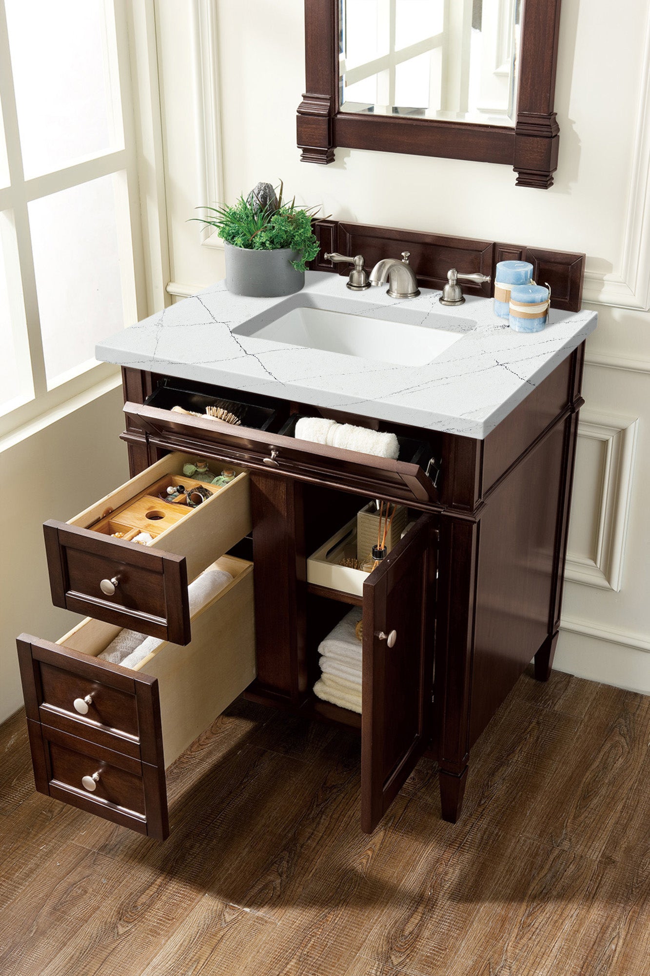 Brittany 30" Single Vanity, Burnished Mahogany, w/ 3 CM Ethereal Noctis Silestone Top