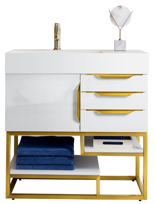 Columbia 36" Single Vanity, Glossy White, Radiant Gold w/ Glossy White Composite Stone Top