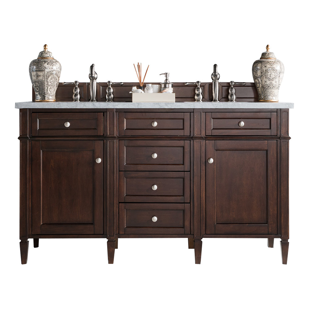 Brittany 60" Double Vanity, Burnished Mahogany w/ 3 CM Eternal Jasmine Pearl Silestone Top
