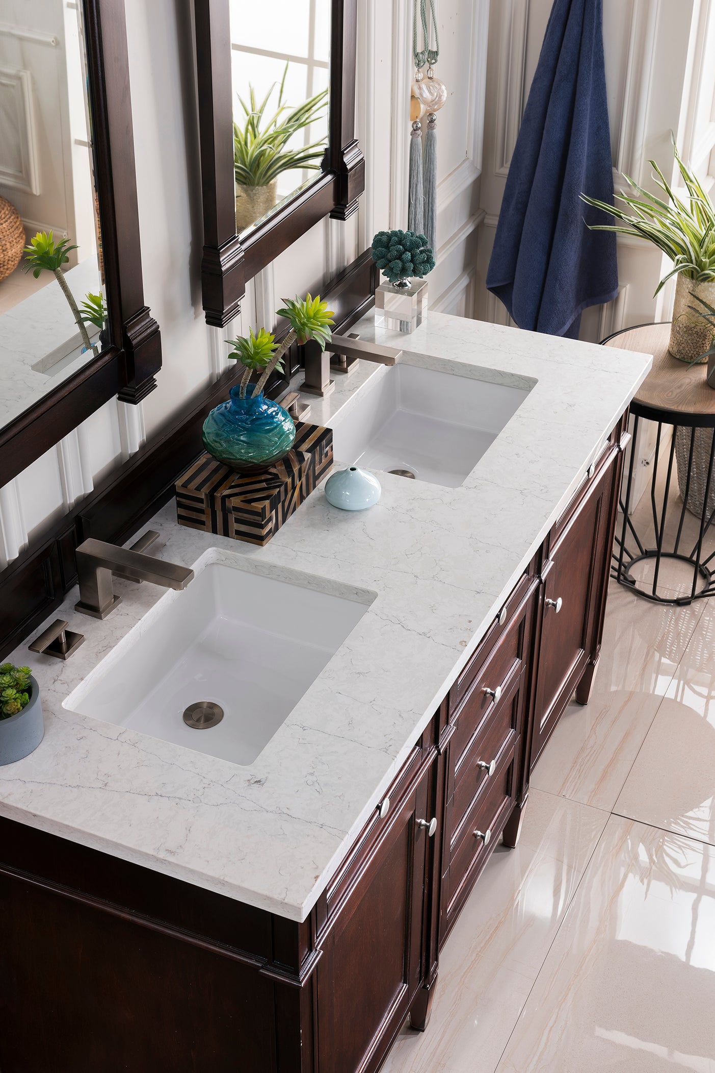 Brittany 60" Double Vanity, Burnished Mahogany w/ 3 CM Eternal Jasmine Pearl Silestone Top