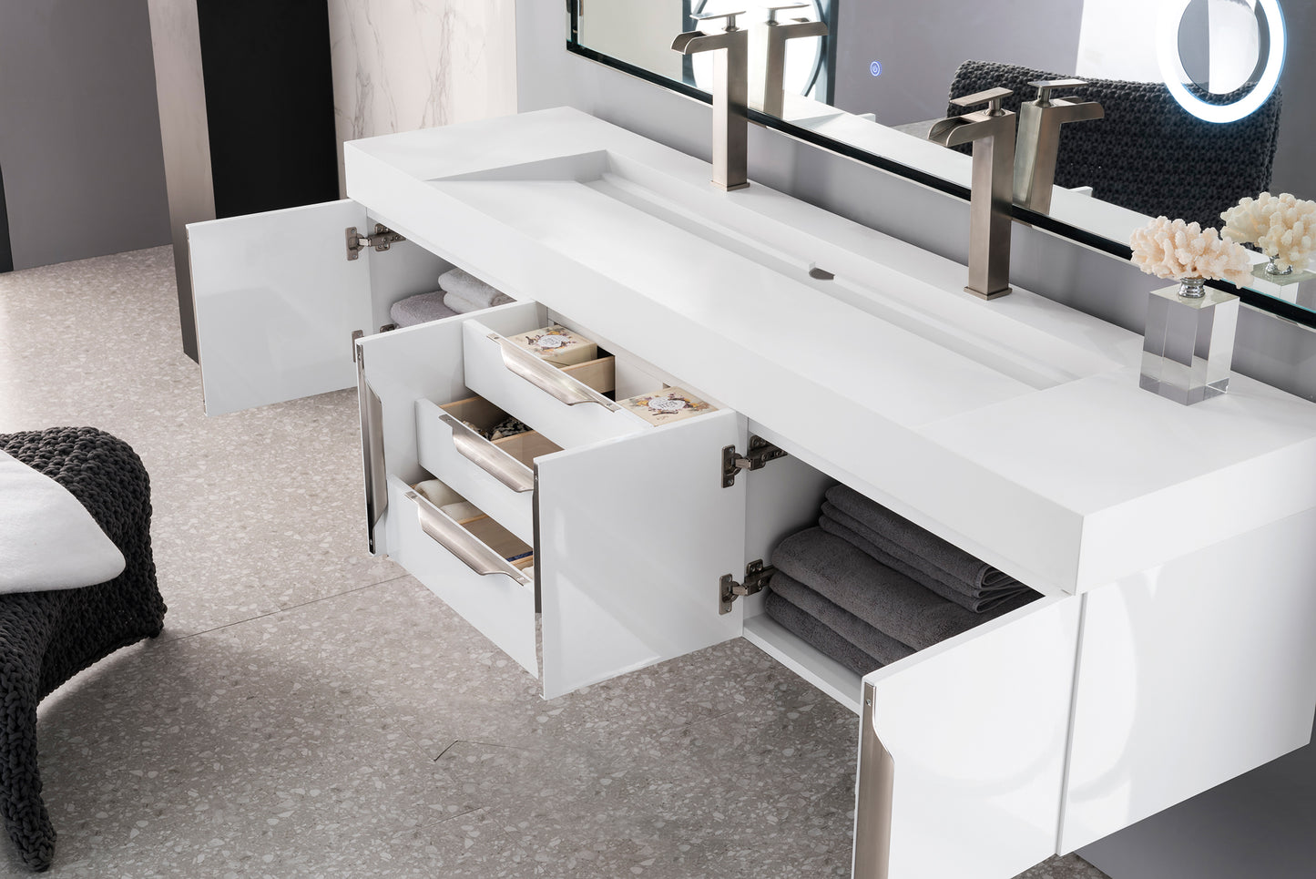 Columbia 72" Double Wall Mount Vanity, Glossy White, Brushed Nickel w/ Glossy White Composite Stone Top