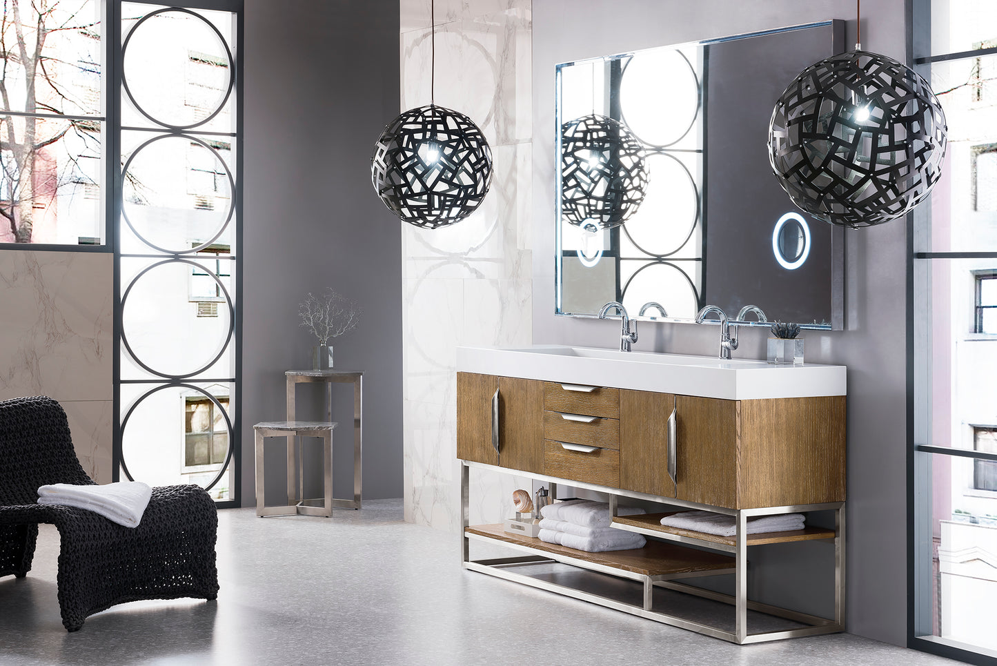 Columbia 72" Double Vanity, Latte Oak, Brushed Nickel w/ Glossy White Composite Stone Top